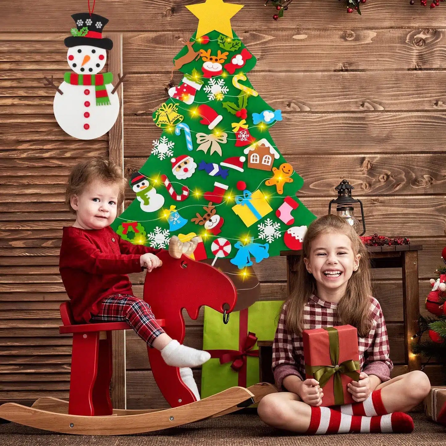 Sapin de Noël en feutrine – 95 cm – 26 décorations incluses + CADEAU